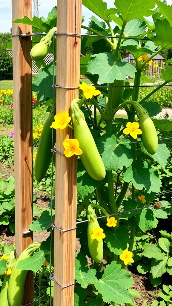 Growing Zucchini on a Trellis Zucchini plants climbing a trellis in a sunny garden, with yellow flowers and green leaves.